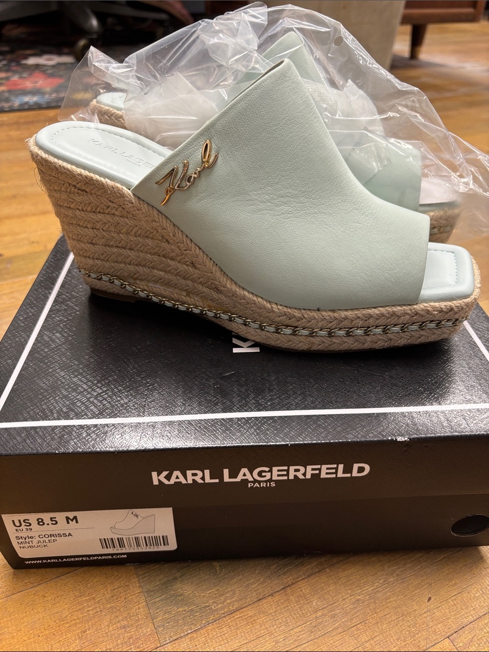 Karl Lagerfeld Mint Espadrille Wedge Mules with Gold Logo